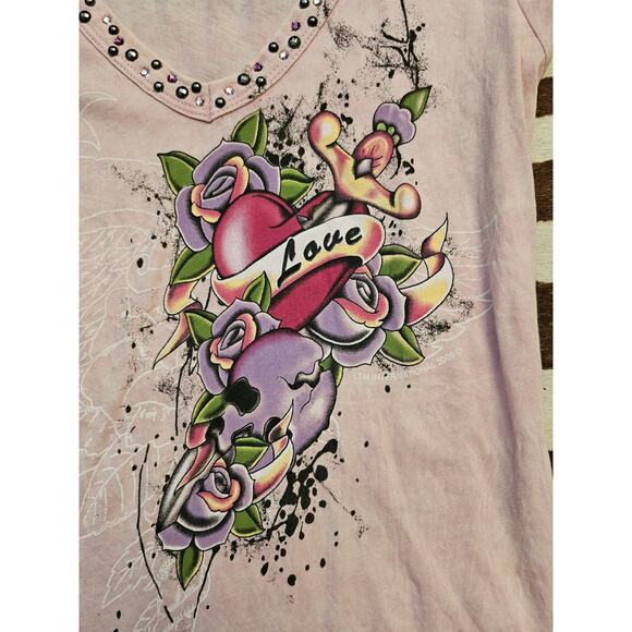 Vintage Bejeweled Y2K Body Con T-shirt Dress Ed Hardy Style Sz M - Picture 4 of 6